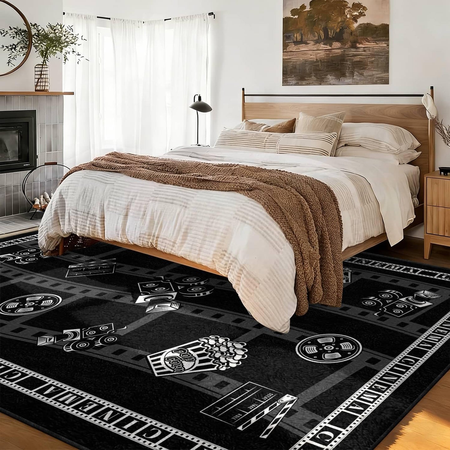 LGGLOVELIN Movie Night Theme Area Rug, 9x12ft, Black White Clapboard Projector Soft Washable Non-Slip Carpet for Home Theater Living Room