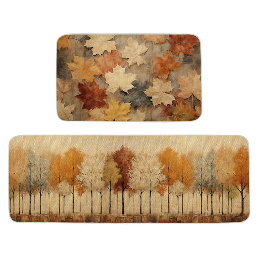 ONWAY Fall Kitchen Mats Set of 2 17x29 and 17x47 Inch Low-Profile Autumn Kitchen Rugs with Leaves Trees Non Slip Washable Mats for Sink Entryway Home Decor Thanksgiving Seasonal Floor Mat