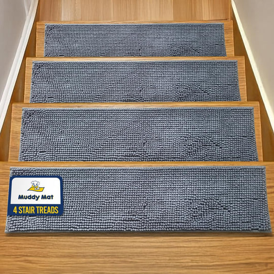 Muddy Mat® Pack of 4 - Soft Chenille Stair Treads Non-Slip Reusable, Super Absorbent Stair Treads for Wooden Steps, Tile & Marble Floor, Easy to Install & Machine Washable - Grey 30'' x 7''