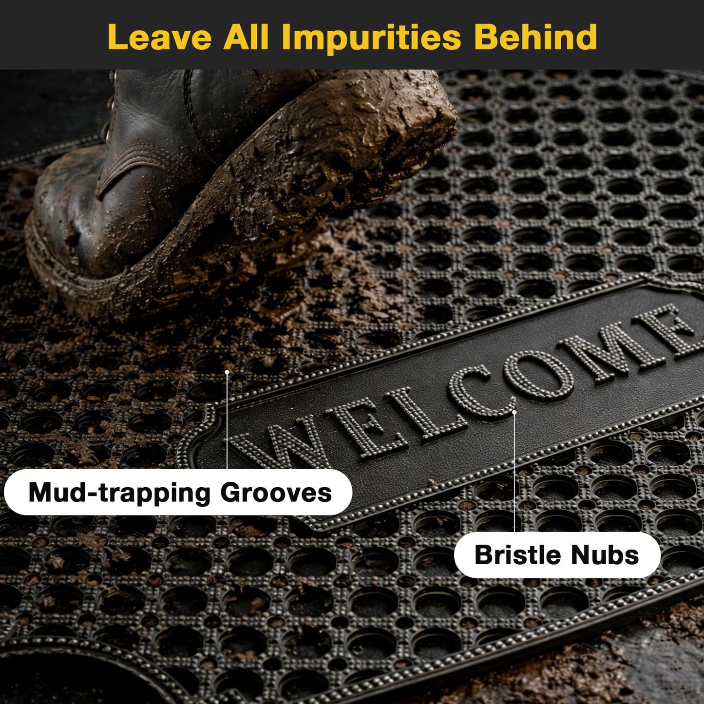 GTRY 23”x 35” Heavy Duty Rubber Door Mat, Outdoor Non Slip Waterproof Floor Mats for Front Door,Patio,Garage,Driveway,Kitchen and Entrance, Mud Trapping Utility Floor Mat, Rubber Mats with Drainage