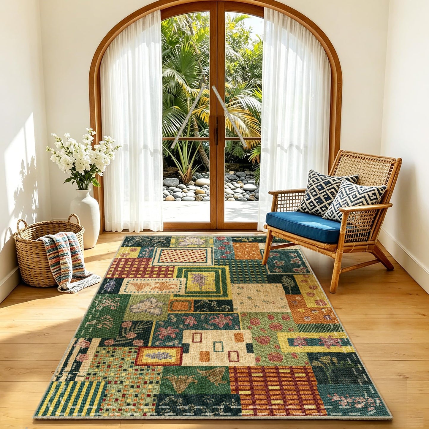 Quntue Washable Easy Jute Layering Rug for Front Porch 4x6 Farmhouse Patchwork Outdoor Patio Rug Non Slip Boho Floral Indoor Outdoor Carpet for Living Room, Bedroom, Balcony, Dining, Office