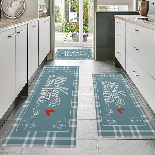 XLHOMO Kitchen Mats for Floor with Grid Design, Farmhouse 3 Piece Washable Absorbent Runner Rugs Non Slip Cushioned Kitchen Mat Comfort Rug Set for Kitchen, Floor, Office