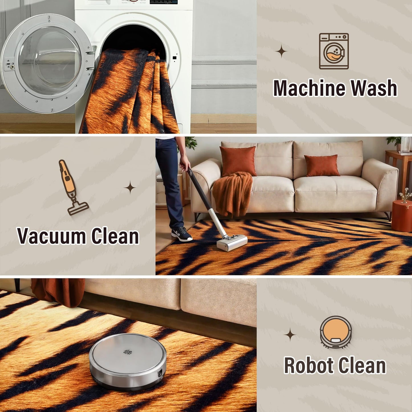 AROGAN Premium Tiger Rug for Bedroom 4×6 Feet, Machine Washable Animal Print Hide Area Rug, Large Non-Slip Faux Fur Tiger Skin Rugs Carpet for Office Living Room Dinner Room Decor