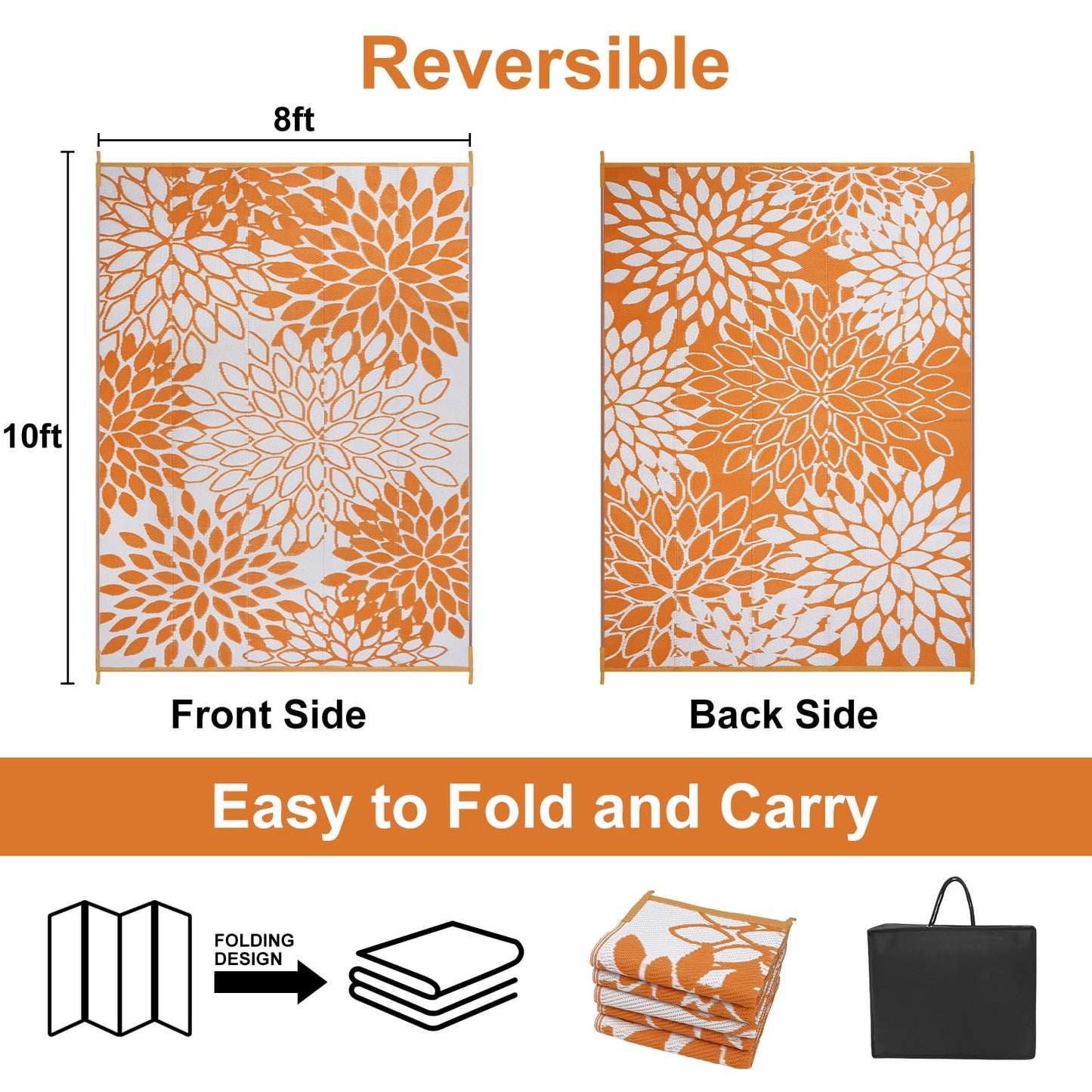 Anidaroel Outdoor Rugs 8x10ft for Patios Clearance Waterproof, Reversible Tropical Plastic Straw Camping Mat Outside Rug, Large Outdoor Area Rug for RV, Deck, Balcony, Picnic(Orange,8'x10')