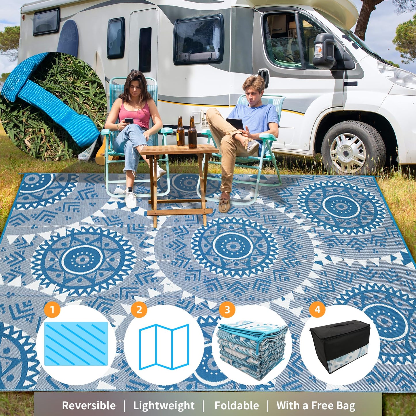 Alfolo Waterproof Outdoor Rug 8'x10'Plastic Straw Reversible Boho Blue & White Lightweight Patio Rug for Deck,Backyard,RV Camping,Poolside, Stain & UV Resistant Fade Proof Portable Outdoor Carpet