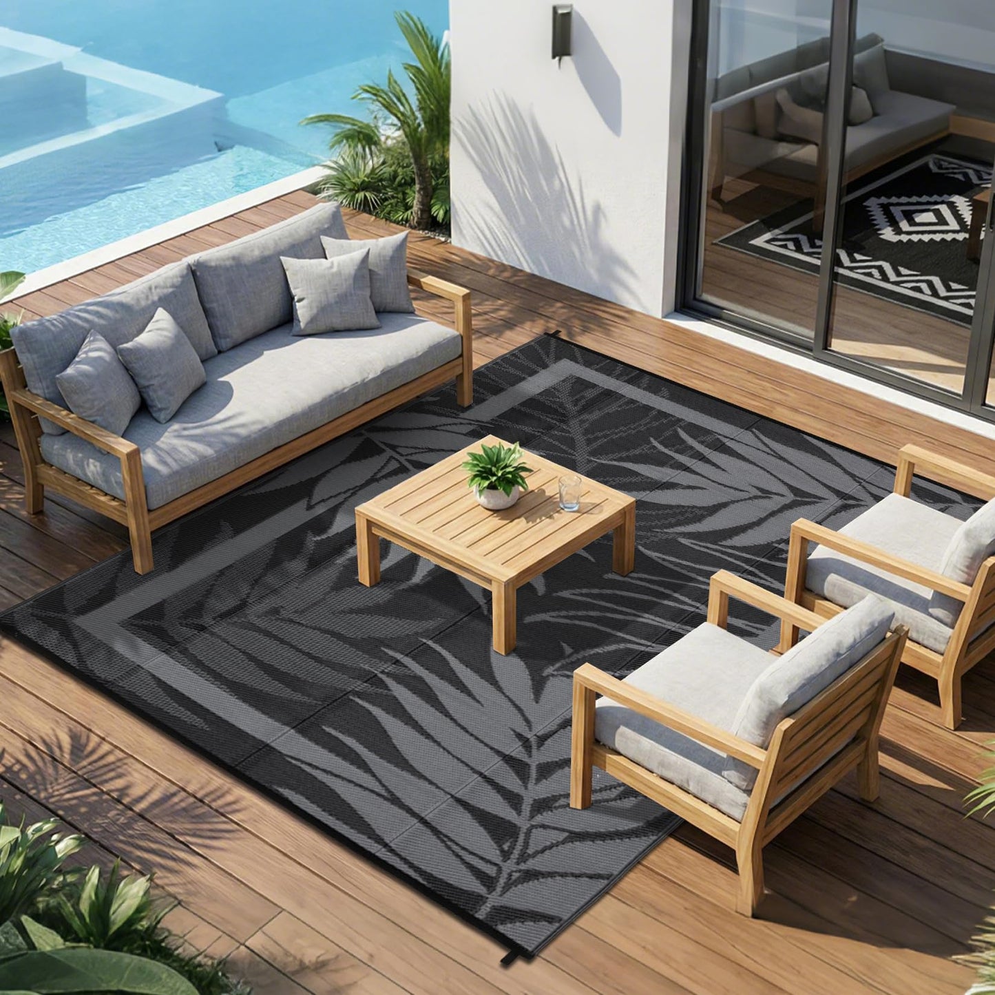 GAOMON 9'x18' Outdoor Rug Waterproof, Reversible Plastic Straw Rug for Large Patio, Backyard, Poolside, Deck – UV Resistant, Heavy Duty, Easy Clean Outdoor Carpet for High Traffic, Black&Brown