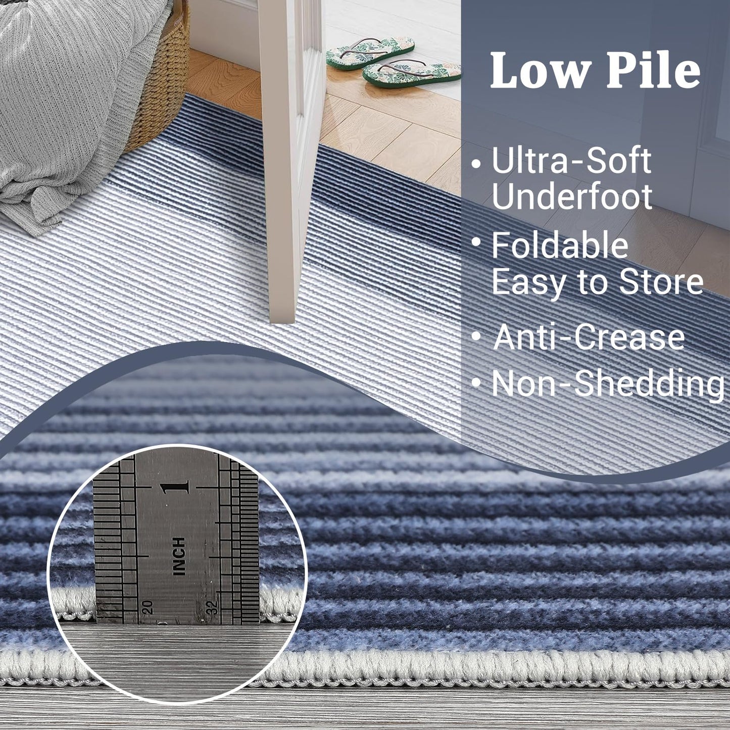 GarveeHome Washable Rug 8x10 Living Room Rugs, Modern Neutral Bordered Rug for Dining Room Solid Non Slip Low Pile Pet Friendly Large Carpet for Farmhouse Apartment Bedroom Dorm Blue