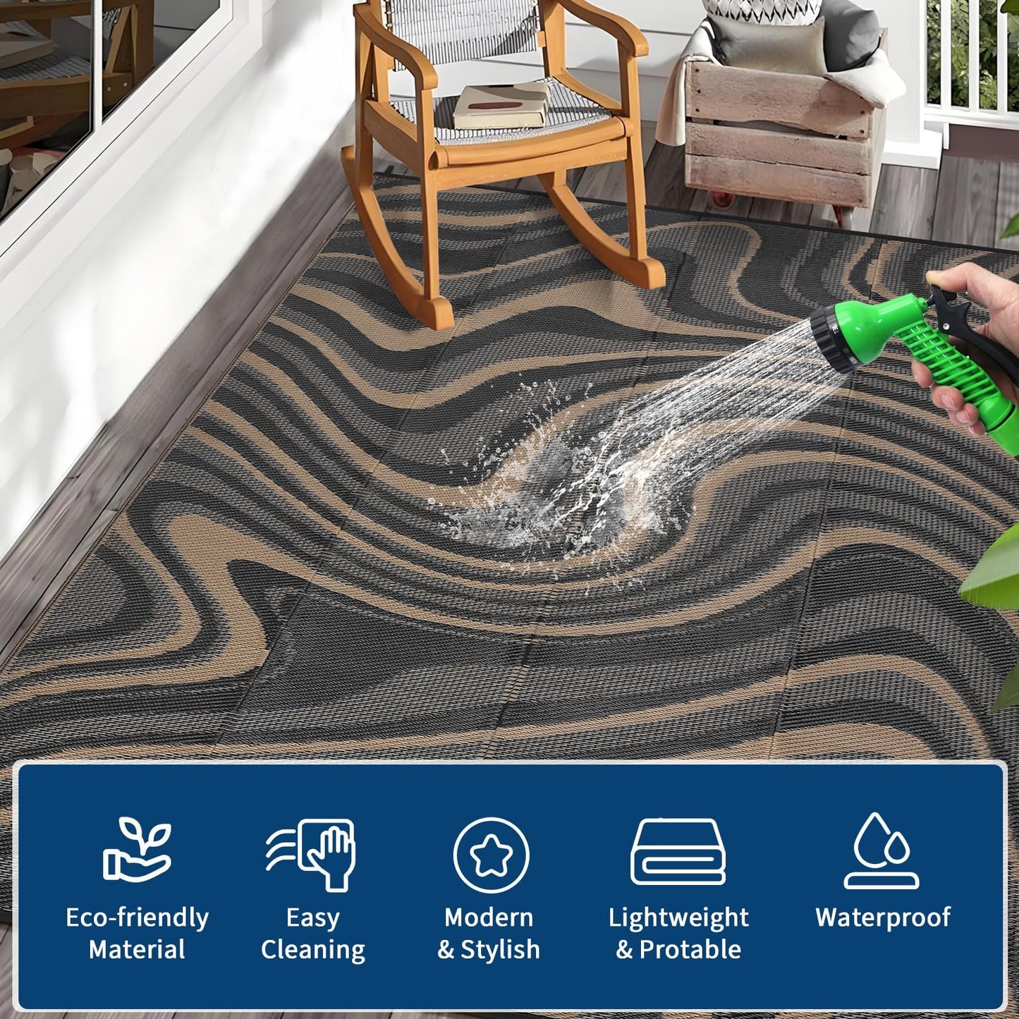 MilleLoom Patio Modern Abstarct Outdoor Rug 10x14 Waterproof Large Reversible Camping Mat Foldable Lightweight Plastic Straw Outdoor Rug for Deck, Camper, Balcony, Beach, Rv，Black/Gray/Brown