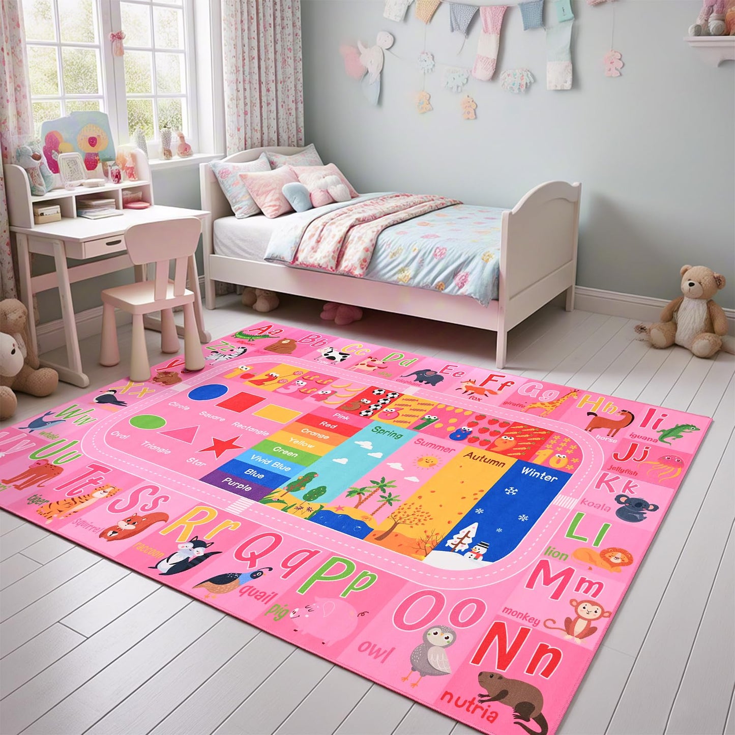 Flagover Pink Kids Rug for Playroom Classroom, ABC Alphabet Numbers Play Toddlers Rugs, 6x9 Learning Educational Bedroom Floor Mat, Washable Baby Carpet for Girls Room, Nursery, Preschool, Daycare