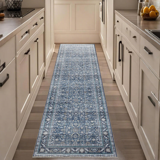 OPPODREAM Vintage Blue 2x8 Runner Rug, 2 x 8 Retro Washable Rug Non Slip, Low-Pile Faux Wool Carpet, Distressed Navy Floor Mat for Kitchen, Hallway, Entry-Way, Entrance, Indoor Back Door