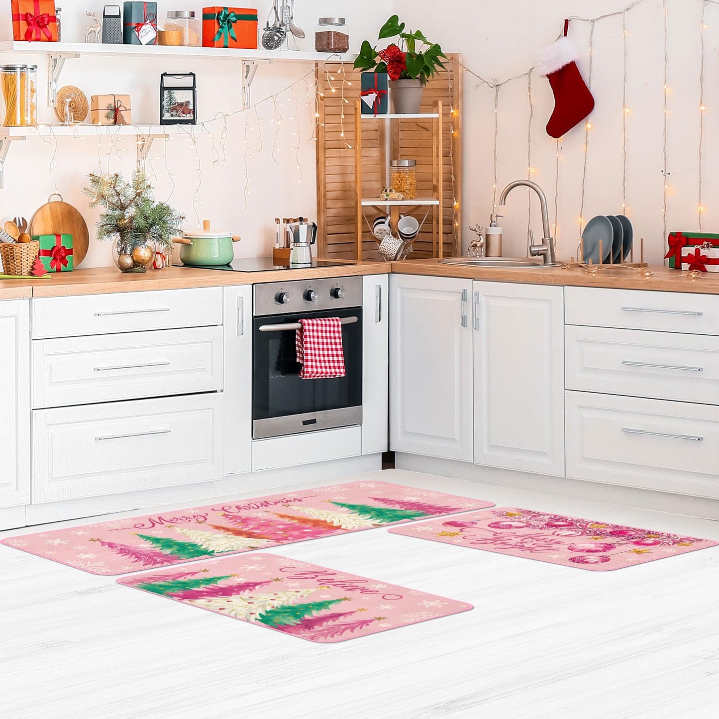 Drydiet 3 Pcs Christmas Kitchen Rug and Mat Set Washable Pink Xmas Tree Kitchen Floor Mats Waterproof Non Slip Farmhouse Merry Christmas Doormat Holiday Xmas Decor for Home Office Bathroom Party Decor