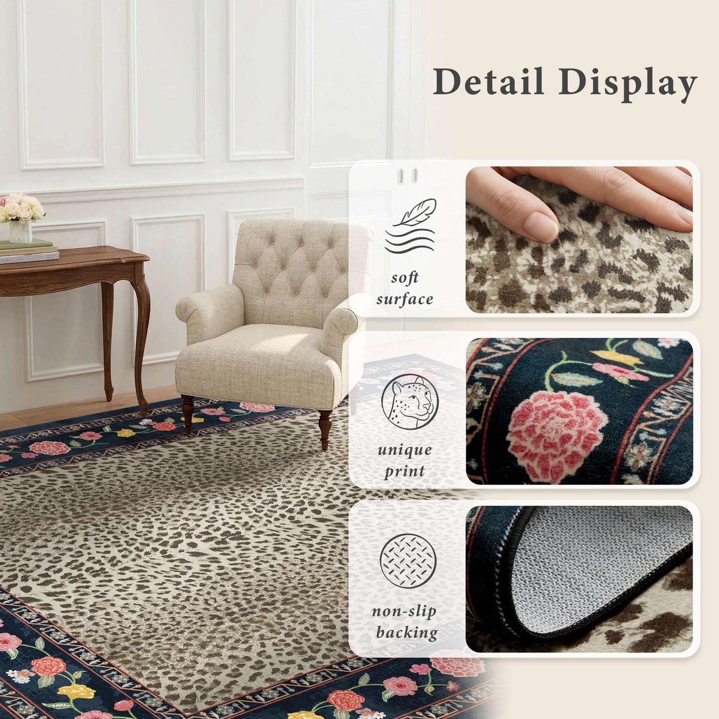 Rugxara 4x6 Leopard Print Rug for Living Room, Machine Washable Area Rug for Bedroom, Non-Slip Low Pile Animal Cheetah Carpet with Rubber Backing for Dining Room Kitchen Home Decor, Brown Blue