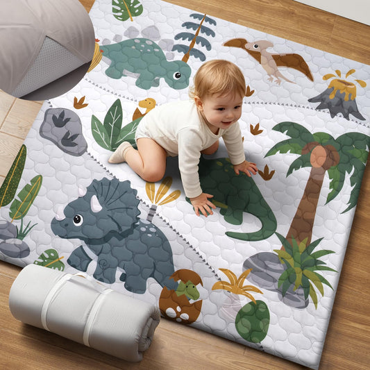 Miloey 2-in-1 Baby Play Mat Indoor & Outdoor, 50x50in Thick Foam Playpen Mat with Waterproof Removable Cover, Non-Slip Soft Crawling Floor Mat for Infants, Toddlers, Travel, Picnic & Camping, Dinosaur