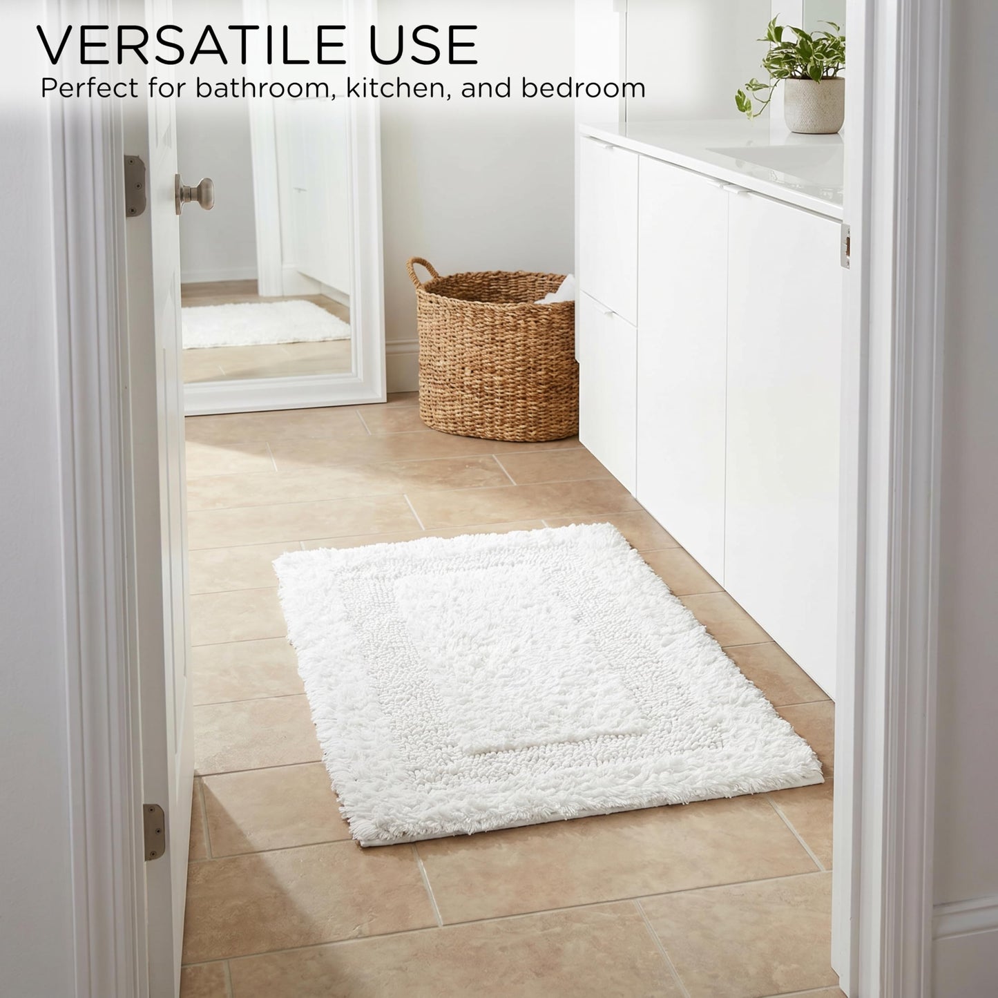 Cotton Reversible Bathmat Rug 17x24 - White, Ultra Soft Bathtub Floor Bath Rugs Ideal for Toilet, Bathroom, Kitchen | Super Absorbent Quick Dry Hotel Quality Throw Mat for Machine Washable