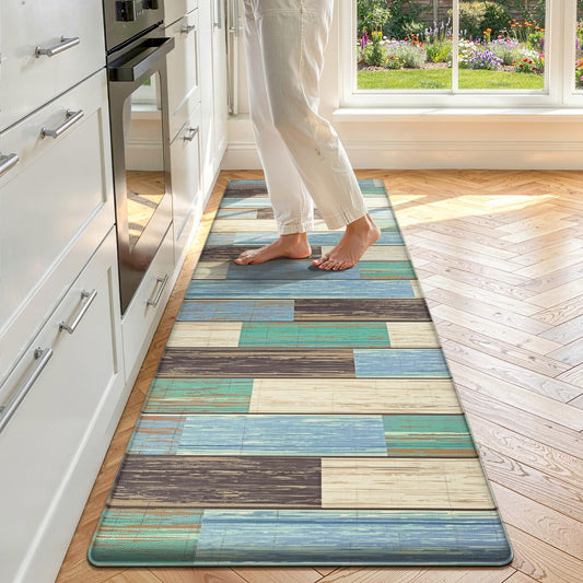 LOKHOM Anti Fatigue Kitchen Mats for Floor, 24x59 Non Slip Modern Cushioned Standing Comfort Kitchen Runner Rug, Waterproof Geometric Patchwork Memory Foam Padded for Sink Laundry Office, Teal