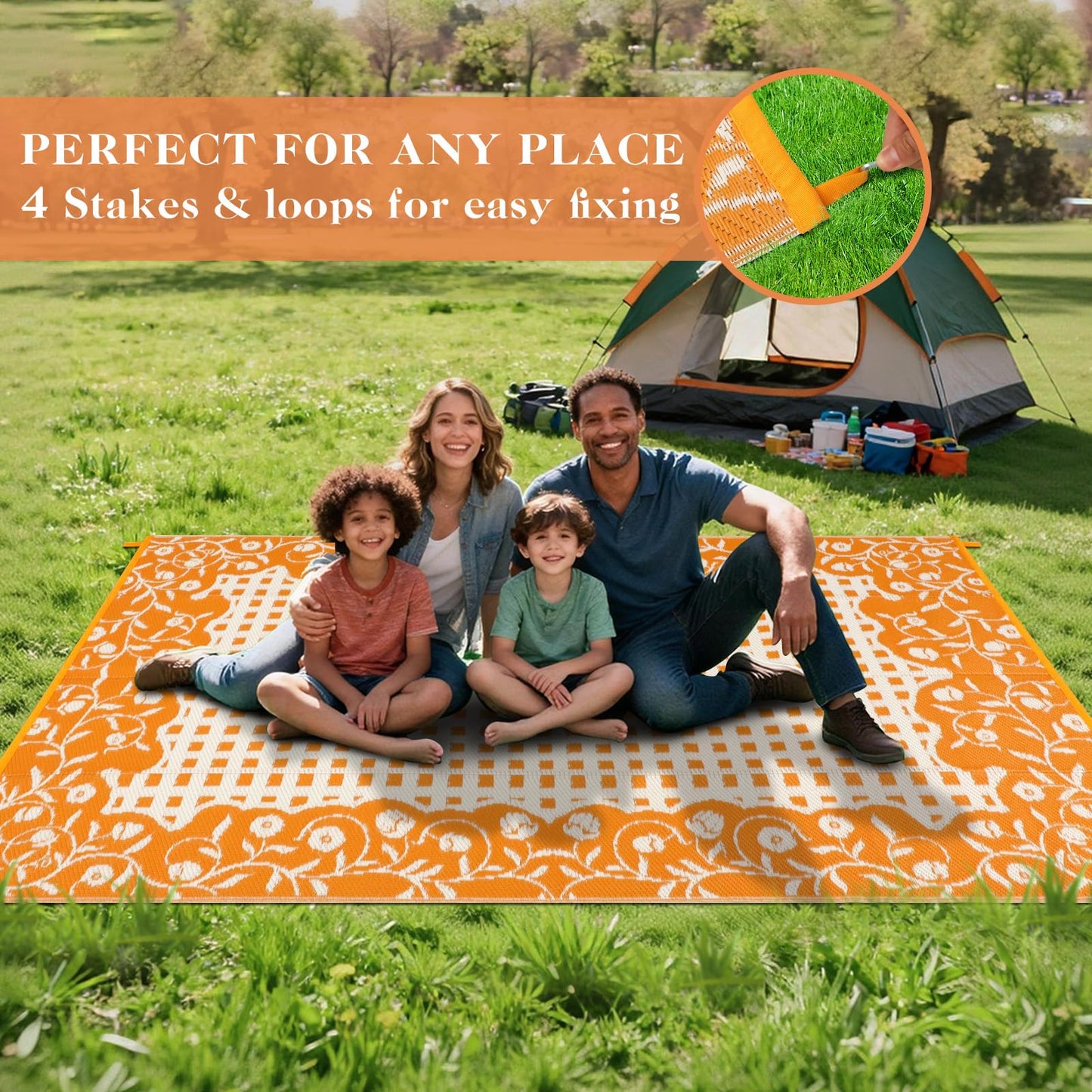 nesrt Waterproof Outdoor Rug 5x8ft, Reversible Plastic Straw Patio Mats, Portable Floral Camping Rug, Indoor Foldable RV Carpet Mat for Deck Porch Balcony Backyard Picnic (Orange/White)