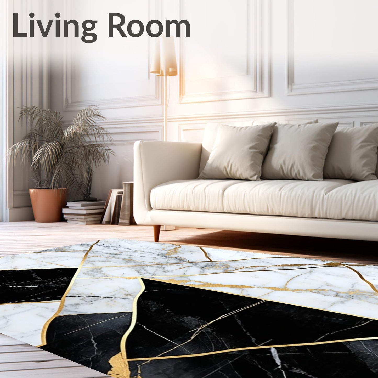 ODIKA 5'x7' Washable Area Rug - Contemporary Modern Abstract Gold Marble Elegant Black Non-Slip Chair-Friendly Carpet for Dining Room, Small Living Room, Bedroom, Flatwoven | Ref: 84054
