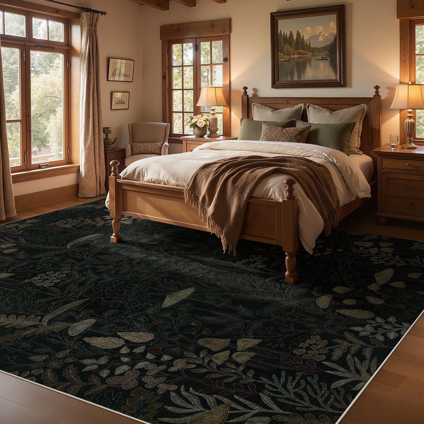 Joydeco Mushroom Washable 8x10 Area Rugs for Living Room, Boho Floral Bedroom Rug Non Slip, Soft Botanical Low-Pile Floor Indoor Throw Carpet for Dining Dorm Home Office, Black-Brown