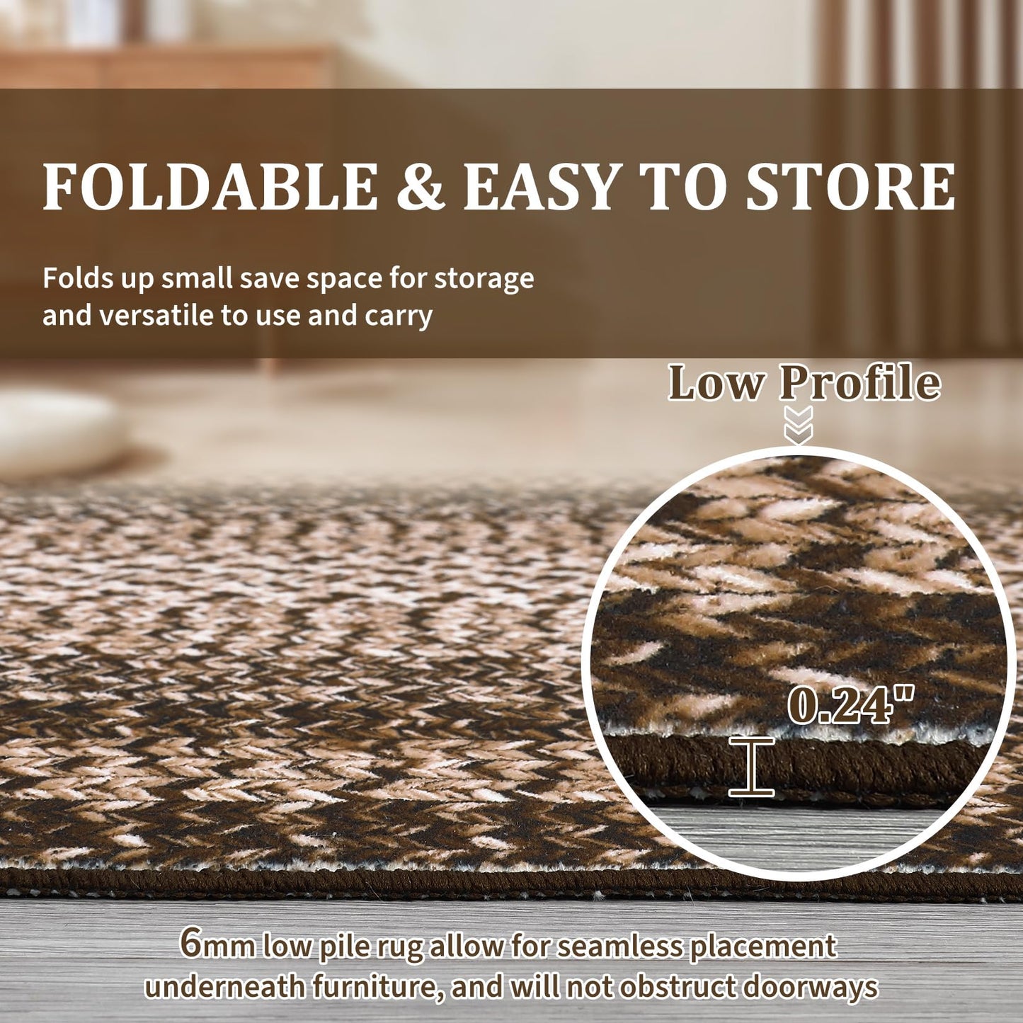 MilleLoom Braided Print Washable Rug 8x10 Area Rugs for Living Room Soft Bedroom Rug Stain-Resistant Rustic Foldable Mat Non Slip Low Pile Farmhouse Carpet for Dining Nursery Cottage Office Brown