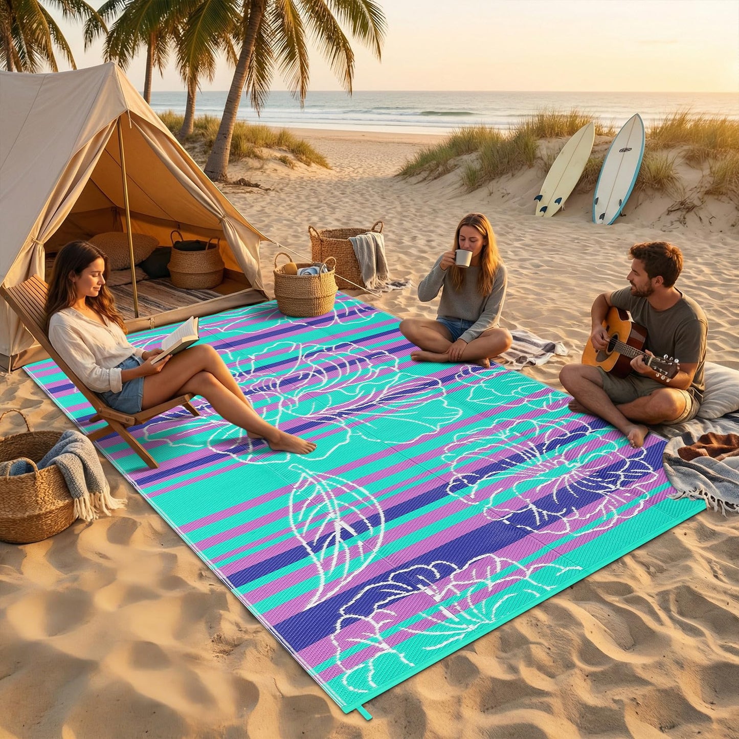 Garvee 5x8 Outdoor Waterproof Rug, Floral Outdoor Area Rug，Reversible Plastic Straw Patio Rug, Portable Camping Mat for RV, Picnic, Beach, Balcony, Garden & Camping Purple&Blue