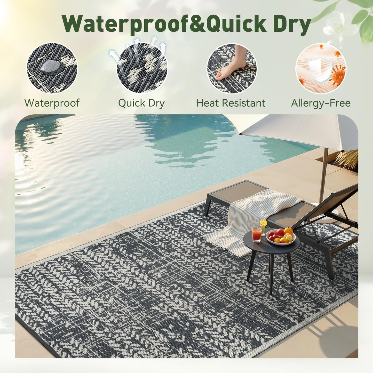 MontVoo Outdoor Rug Waterproof-Patio Rug Mat 5x8 Outdoor RV Camping Picnic Beach Mat Plastic Straw Rugs Outside Outdoor Area Rugs for Balcony Deck Backyard Grey