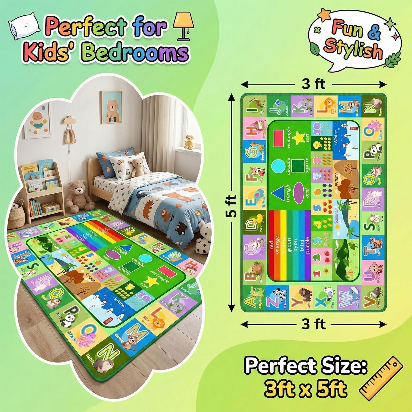 OGPJKEQR 3x5ft Kids Educational Rug, Non-Slip Machine Washable ABC Alphabet Mat & Learning Carpet for Playroom Bedroom, Nursery Floor Play Mat with Numbers, Animals & Seasons, Preschool Classroom Rugs
