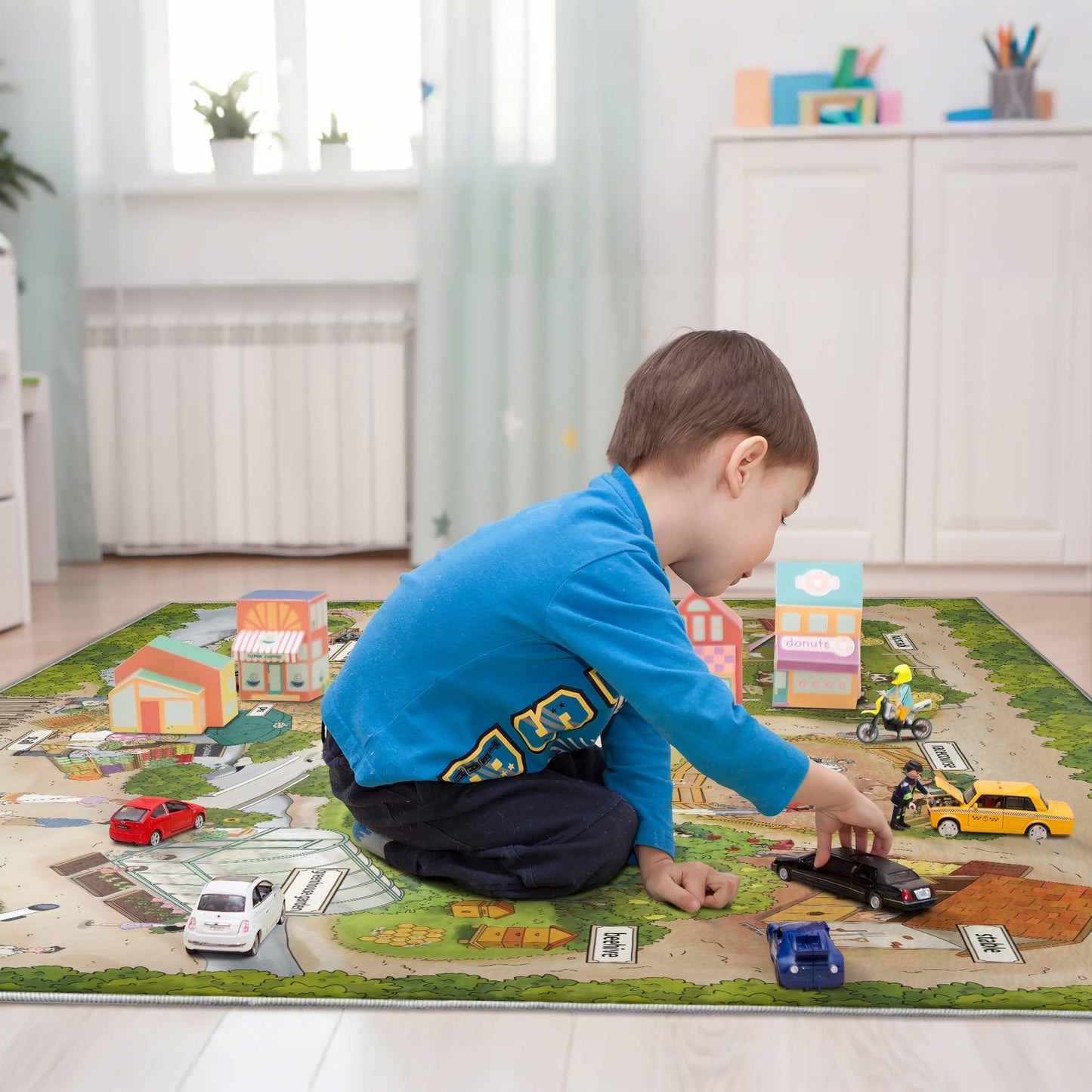 Nayoroom Kids Farm Adventure Play Rug,5x7ft Non-Slip Faux Wool Carpet with Interactive English Words, Educational Travel Map Design for Playroom, Bedroom, Nursery Gift