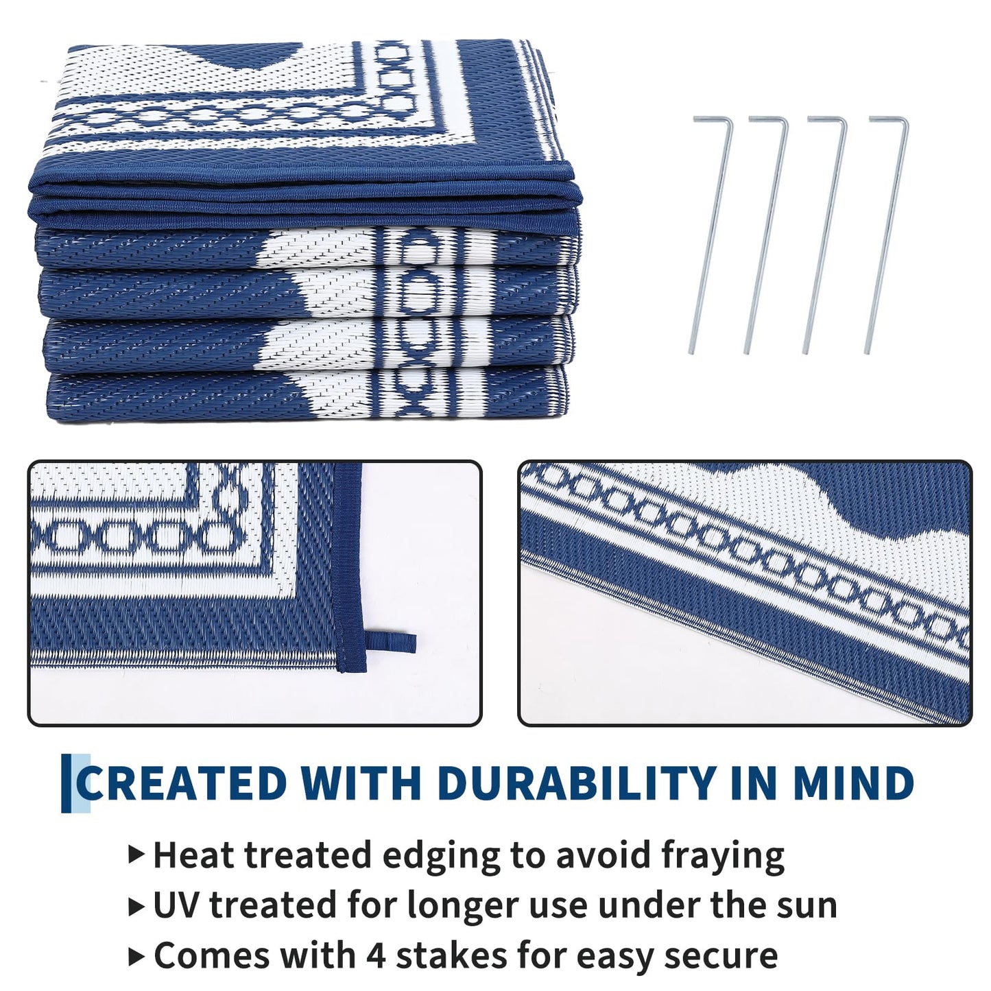 Garvee Outdoor Rug 5x8 Scalloped Waterproof Patio RV Outdoor Rugs Reversible Foldable Plastic Straw Rug Modern Camping Carpet for Deck Camper Porch Balcony Backyard Picnic Beach Dark Blue