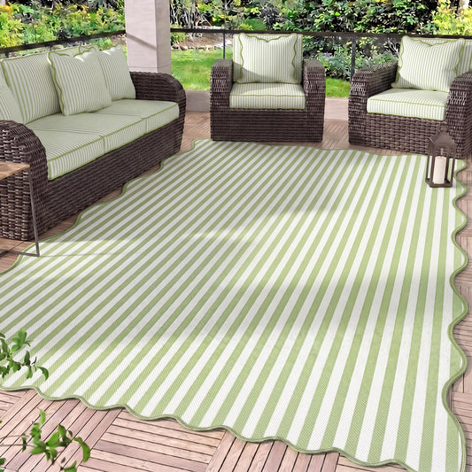 Klyyo Clyro Green Scalloped Outdoor Plastic Straw Rugs 5x8 ft Reversible Camping Rug Waterproof Striped Patio UV Resistant Mat Foldable Indoor Outdoor for Outside Beach Pool Patio Backyard Deck