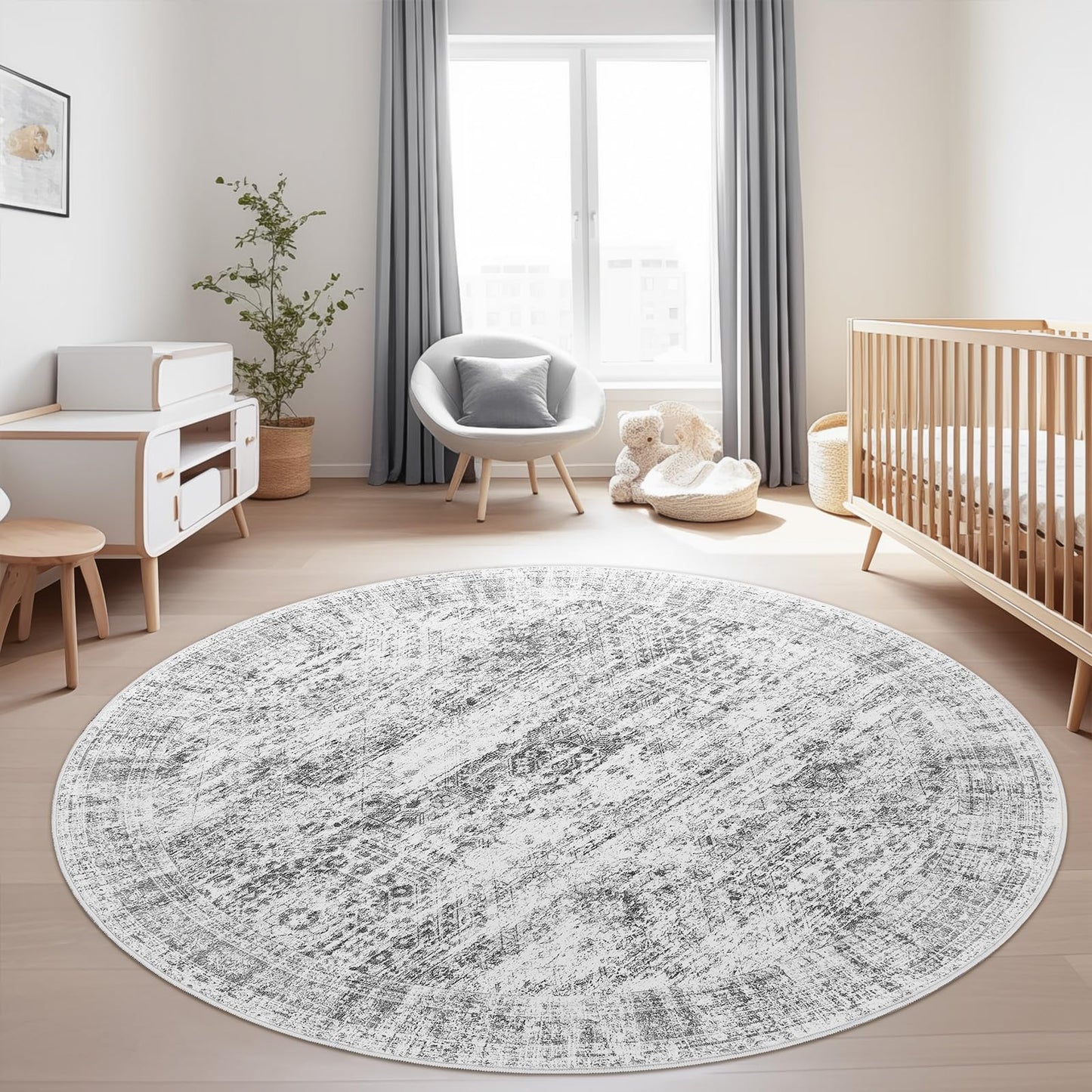 Soalmost 6x6 Grey Round Rug 6ft Living Room Circle Rug Gray Vintage Round Area Rug Non Slip Indoor Carpet for Dining Room Bedroom