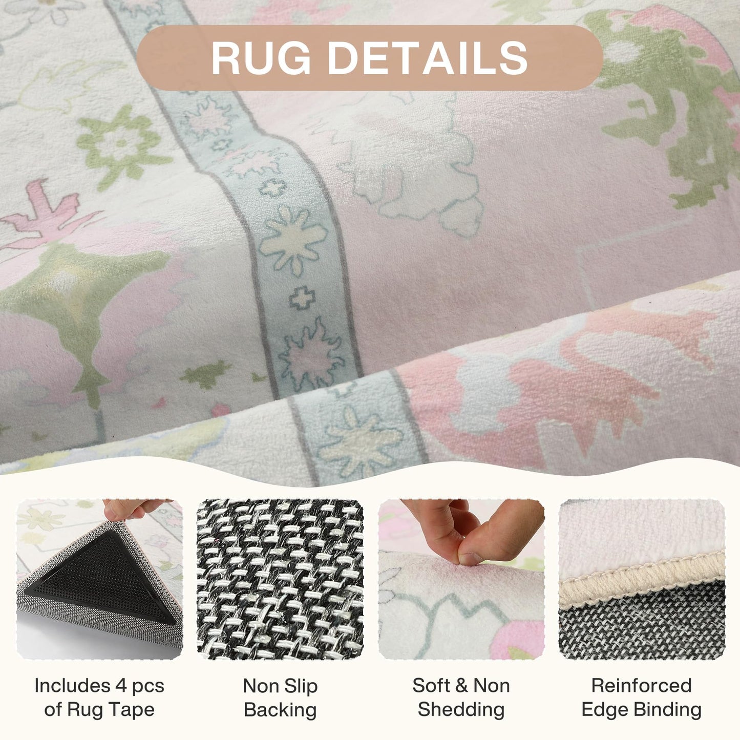 Tribesigns Boho Oushak 5x7 Washable Area Rug for Girls Bedroom, Soft Pastel Pink Nursery Rug Living Room, Oriental Floral Non-Slip Ultra Thin Indoor Carpet for Dorm Kids Playroom