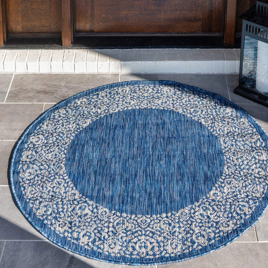 Unique Loom Outdoor Border Collection Area Rug - Floral Border (4' 1" Round, Blue/ Ivory)