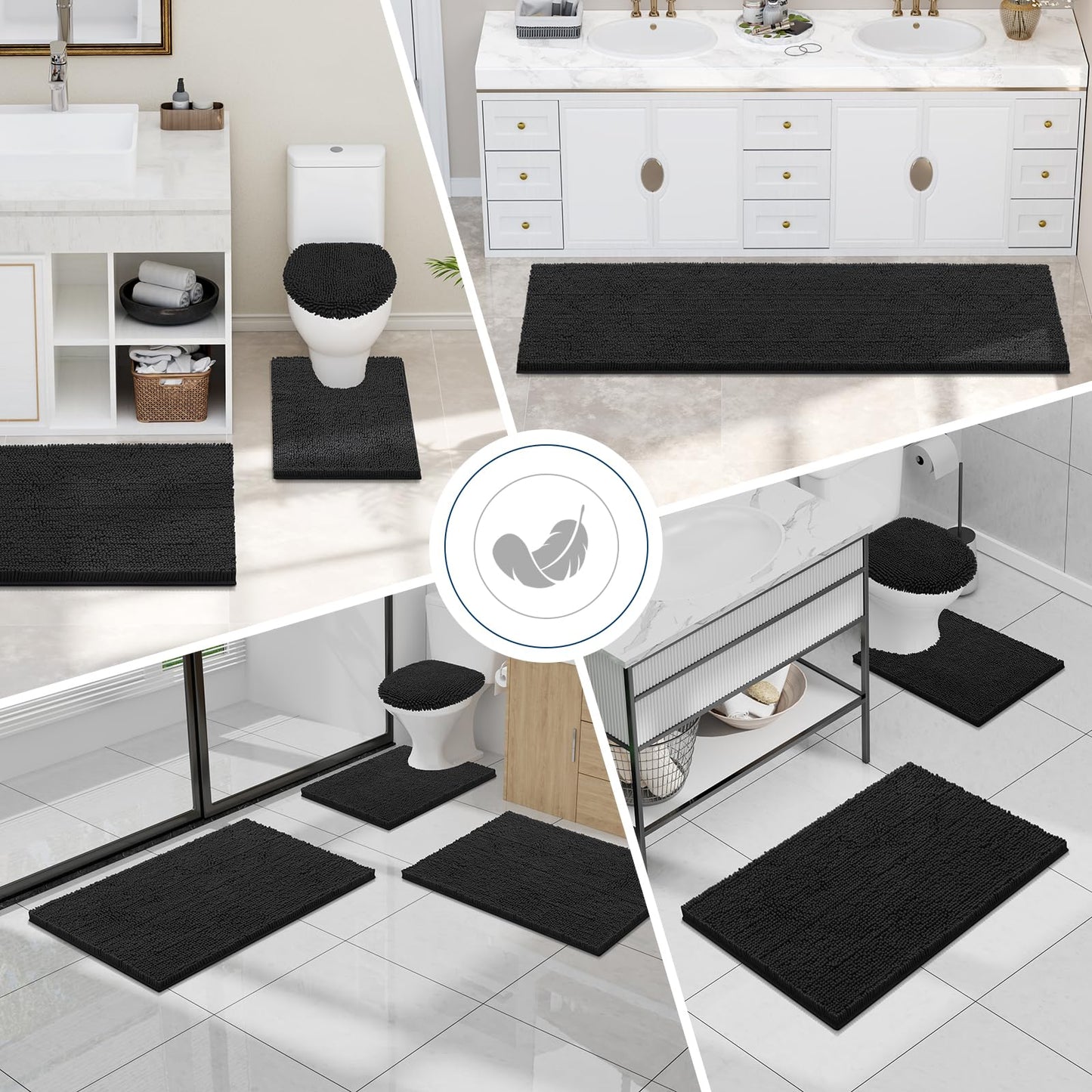 Smiry Bathroom Rugs Sets 2 Piece, Soft Absorbent Chenille Machine Washable Non Slip Shaggy Bath Rug Set for Tub, Shower, and Floor (30x20+24x16, Black)