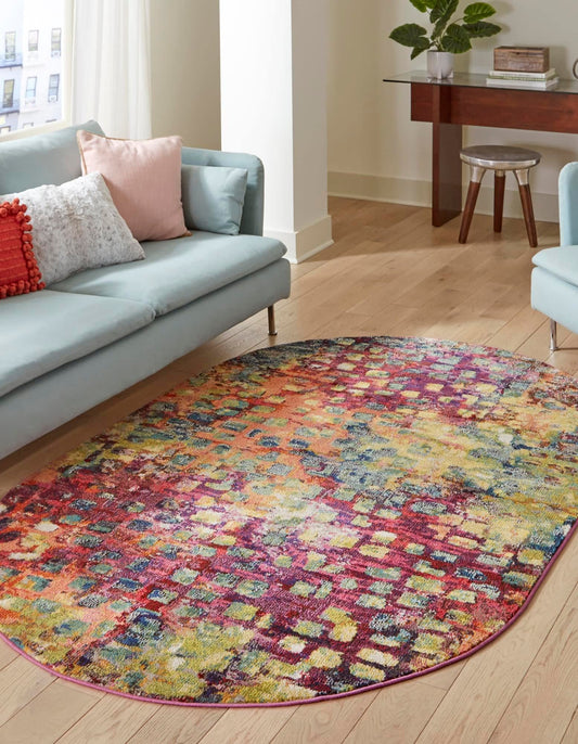 Unique Loom Jardin Collection Colorful, Vibrant, Abstract, Modern Area Rug (3' 3 x 5' 3 Oval, Multi/Blue)