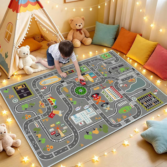 Car Rug Play Mat Road Rug,Kids Carpet Playmat Rugs City Life Great for Playing with Cars and Toys,Children Educational Race Track Rugs with Non-Slip Rubber Backing for Playroom Bedroom Classroom