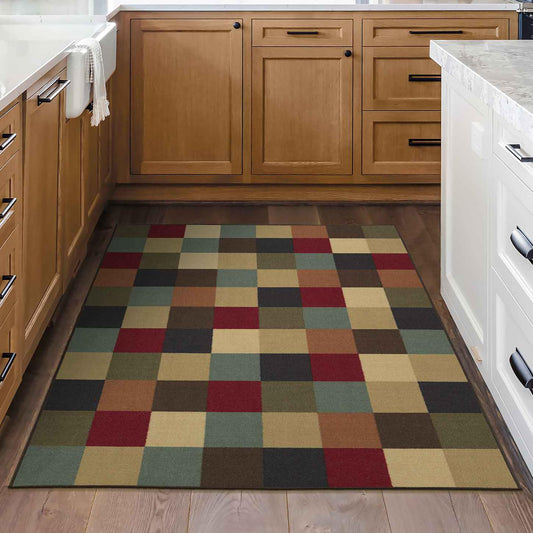 Ottomanson 3'3" x 4'7" Area Rug – Non Slip Low Pile Stain Resistant Accent Rug for Bedroom, Entryway, Bedside, Kitchen & Living Room, Checkered Multicolor