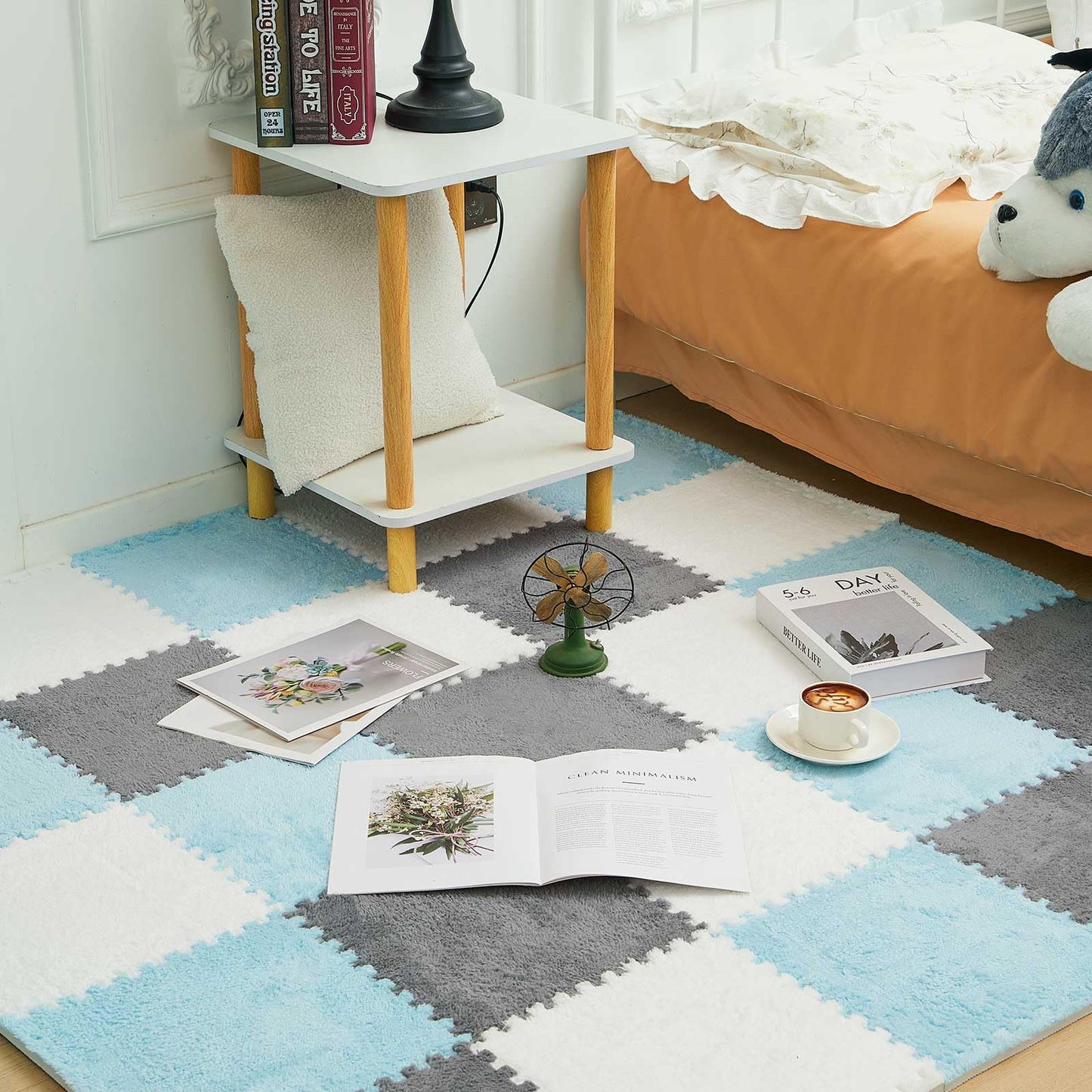 Amylove 36 Pack Plush Foam Floor Mat Square Interlocking Carpet Tiles with Border Fluffy Play Mat Floor Tiles Soft Climbing Rugs for Bedroom Playroom, 12 x 12 x 0.4 in(White, Gray, Light Blue)