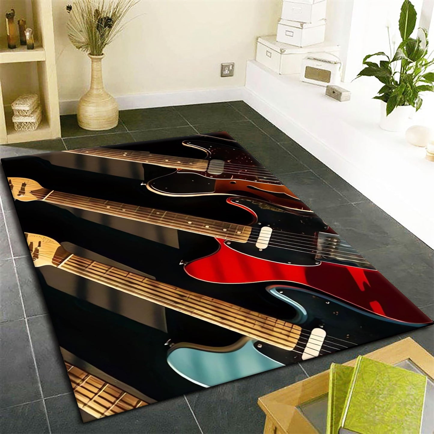 Musical Instrument Carpet for Bedroom, 5x6ft, Electric Guitar Bass Music Classroom Carpet, Durable Home Decorative Rugs, Low Pile No Crease Washable Area Rug for Living Room Runner