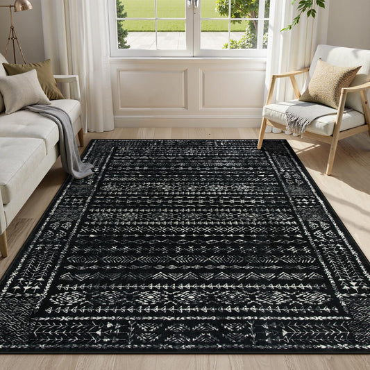Zealude Boho Black and White 5x7 Area Rugs for Living Room, Large Washable Rug for Bedroom Dining Room, Moroccan Geometric Distressed Throw Carpet for Entryway Kitchen Playroom Office(5 x 7,Black)