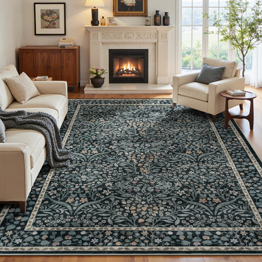 Lofus Black Area Rug 9x12, Washable Large Living Room Rugs Non Slip Low Pile, Boho Floral Carpet for Kitchen Bedroom Dining Room Nursery Home Office, Vintage Farmhouse Forest-Themed Area Rugs
