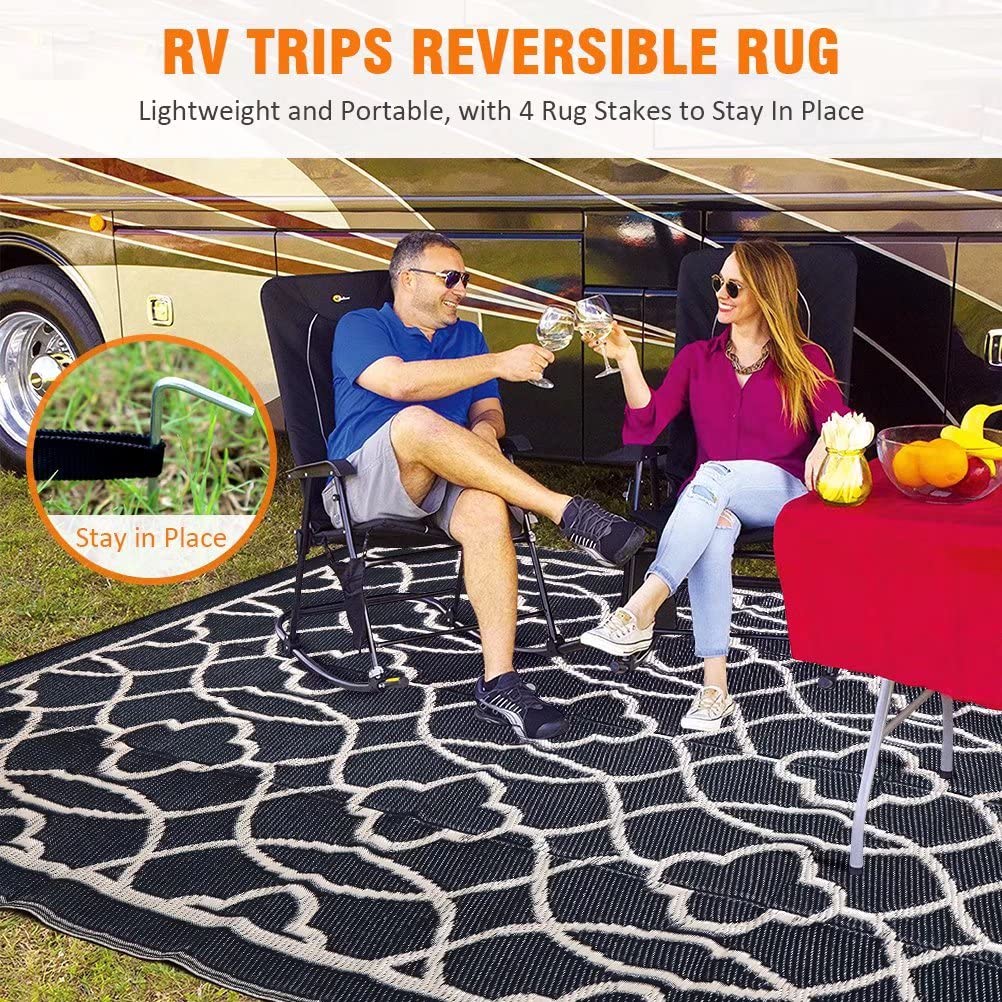 Pendolr Reversible Mats - Outdoor Rugs 9'x12' for Patios Clearance, Plastic Straw Rugs Waterproof, Portable, Outdoor RV Camping Rug, Garden, Balcony, Picnic, Beach, Camping(Black & Beige)