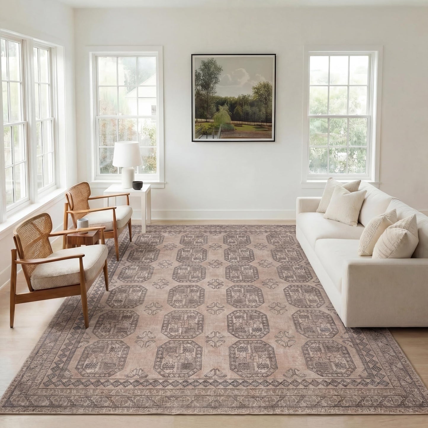Kuden 9x12 Large Area Rug, Machine Washable Area Rug with Non-Slip Backing, Vintage Style, Soft, Easy Clean, Low Pile Rug for Living Room, Bedroom, Dining Room