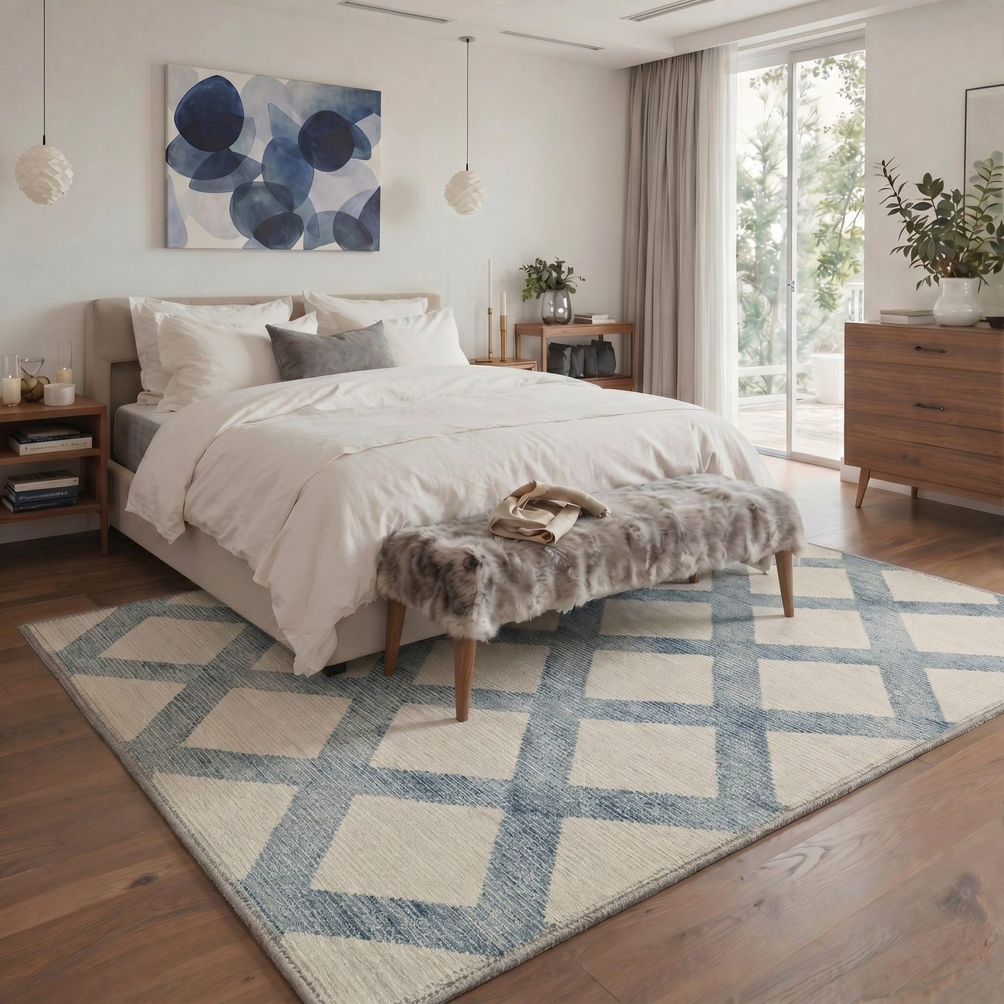 Bavni 2x3 Rug Machine Washable Low Pile Non Slip Backing for Entryway Kitchen Bathroom Front Door, Small Indoor Door Mat with Diamond Lattice Print Pattern, Dusty Blue