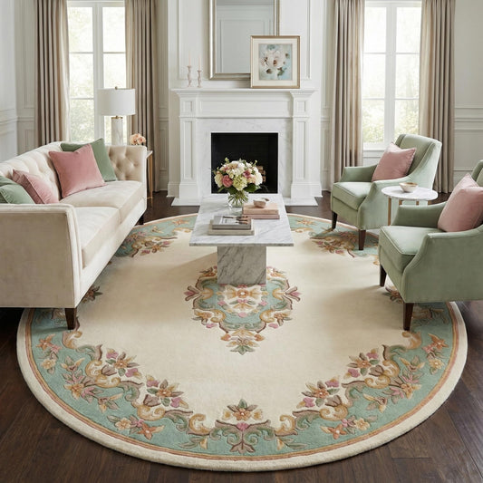 Alvora Looms Handmade Aubusson Modern Wool Rug (Loopcut Green) – Vintage French Floral Medallion Carpet, Traditional Elegant Area Rug | Size- 9 Round
