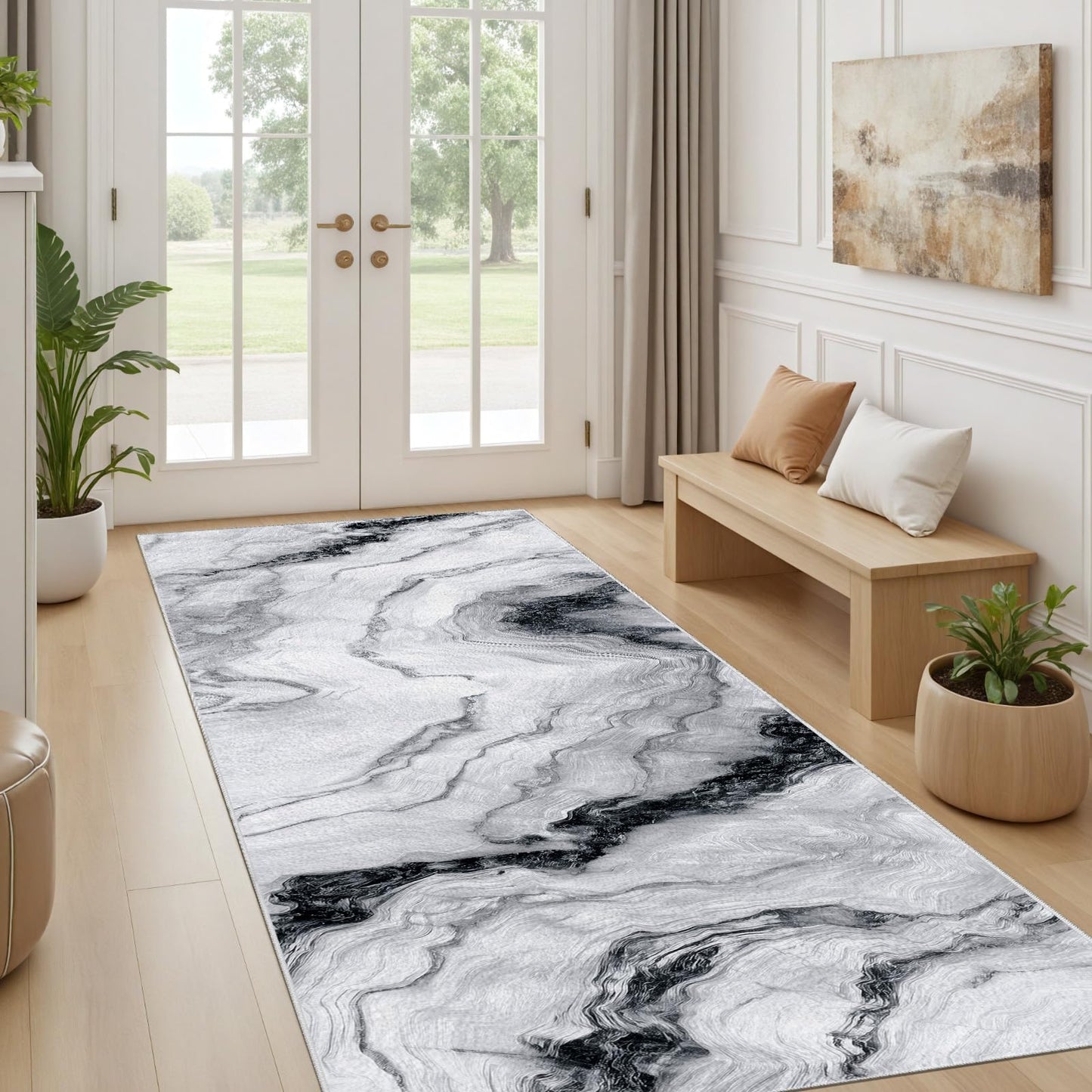 Marble Swirl Runner Rug Non Slip, Minimalist Gray White Carpet Runners for Hallway 2x8 ft, Modern Abstract Marble Throw Rugs Washable Kitchen Rug Floor Mat Rugs for Bathroom Laundry Room Entryway