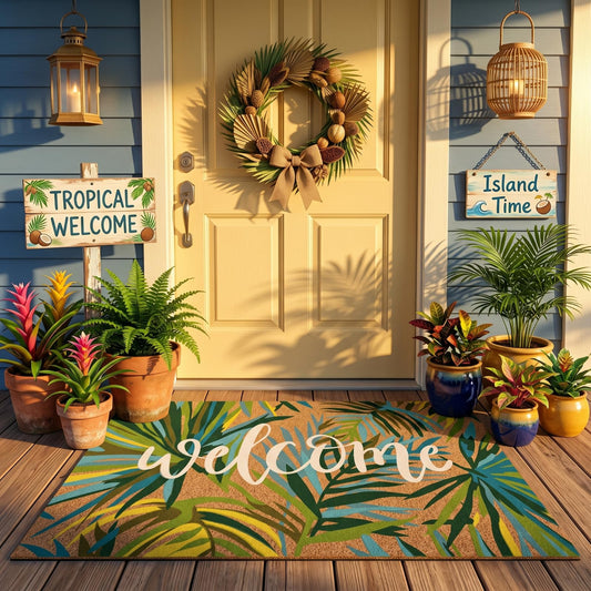 Jenaai Palm Leaves Welcome Doormat, 16 x 29 Inch Tropical Hawaiian Front Coir Door Mat with Summer Design, Non Slip Outdoor for Entryway Patio Porch Indoor Decor