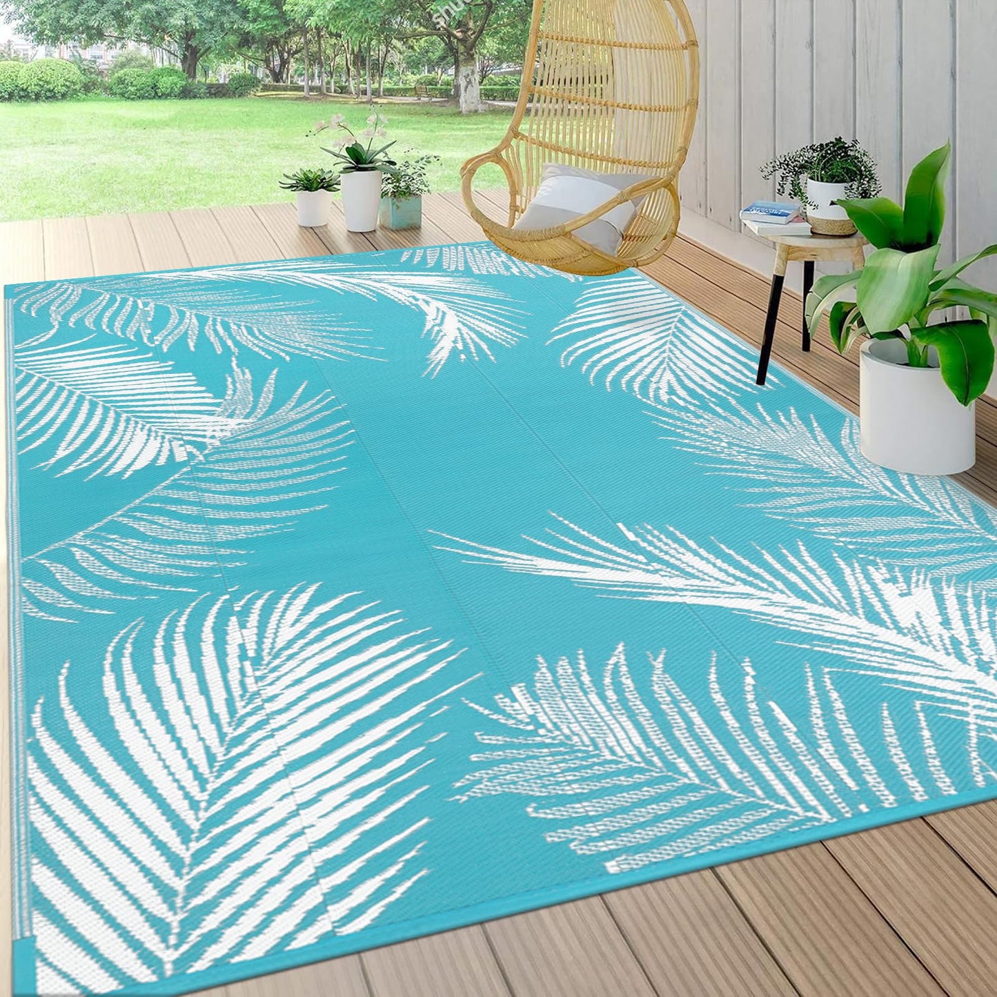 Pauwer Waterproof Outdoor Rug 5x8, Reversible Plastic Straw Patio Camping Rug, Indoor Outdoor RV Mat Carpet for Deck, Camper, Porch, Balcony, Backyard, Picnic, Leaf Teal