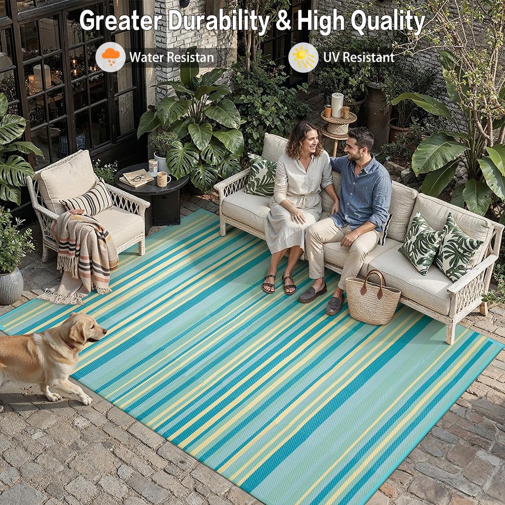 WondRg Outdoor Plastic Straw Rug Waterproof Patio 6x9 Teal Yellow Stripe Mat for Porch Camping RV Balcony Deck Courtyard Reversible Lightweight Durable Portable Carpet