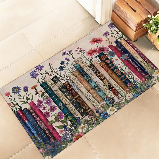 amepay Floral Book Indoor Door Mat, Stylish 17x29.5in Non-Woven Fabric Floor Doormat with Vintage Botanical Library Art,Reader Lover Doormats, for Porch Insider,Living Room, Decor Rug Gifts
