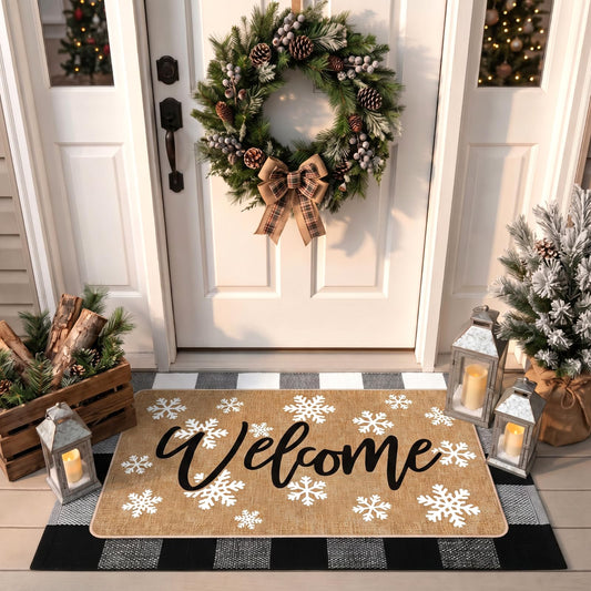 Tinideya 2 Pcs Winter Snowflake Doormats Christmas Layered Welcome Outdoor Door Mats with Buffalo Plaid Front Door Rug Non Slip Floor Mats for Porch Entryway Xmas Holiday Seasonal Decor